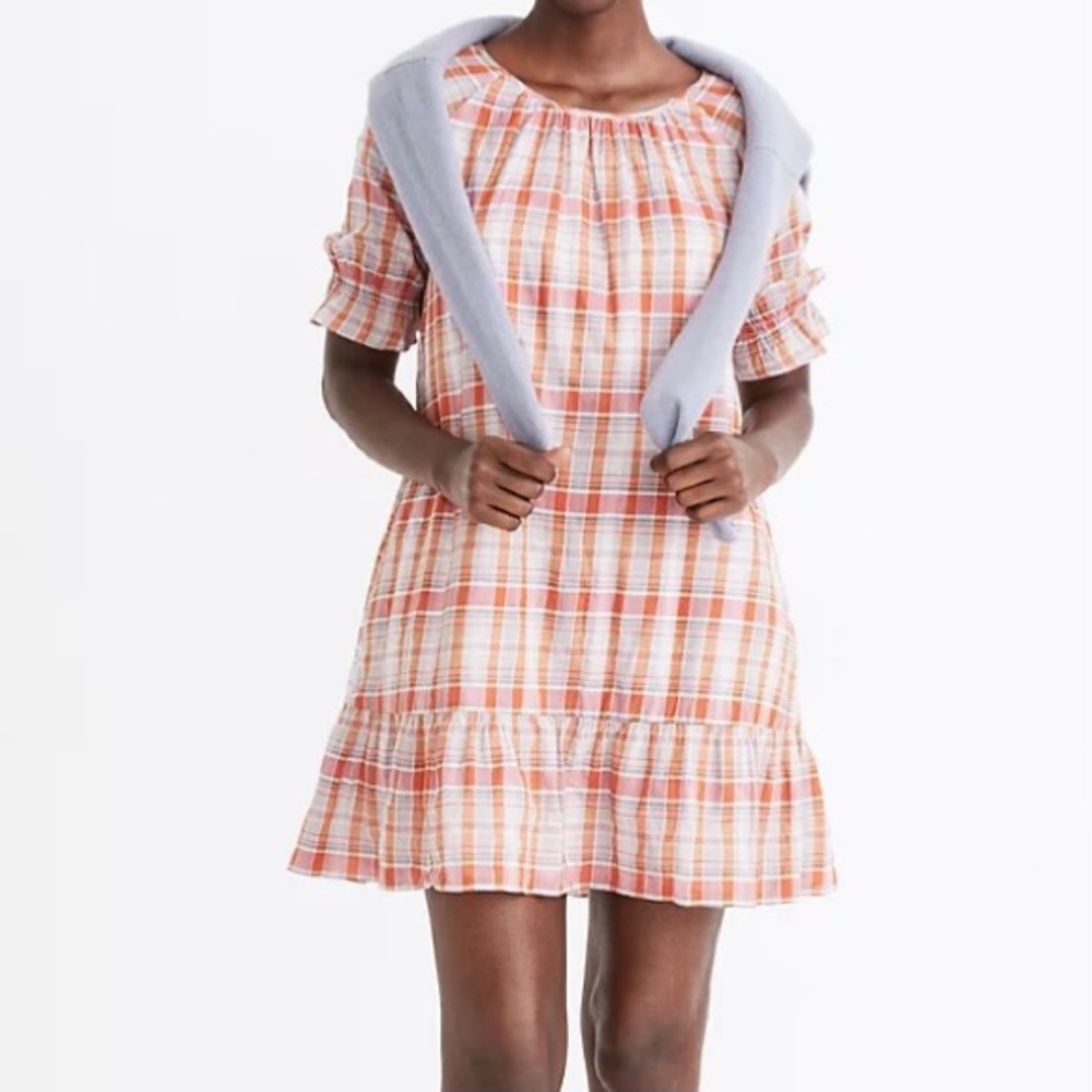 Madewell Plaid Ruffle Sleeve Popover Mini Dress